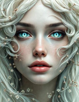 The primary subject of the image is a woman with blonde hair and blue eyes. She has a flower in her hair and is surrounded by a field of flowers. The setting appears to be a natural environment, with the woman being the main focus of the scene. The visual style of the image is a combination of photo and digital art, creating a realistic yet artistic representation of the woman. The colors and mood of the image are predominantly warm and serene, with the flowers adding a touch of vibrancy and beauty to the scene.